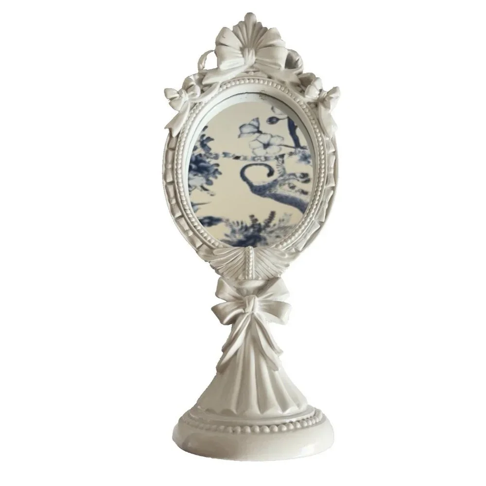Tabletop Mirror Vanity High Gloss White Bows & Bead Accents 14